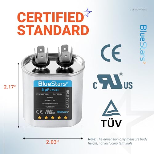 [UL Listed] BlueStars 3 uF MFD ±5% 370-440VAC Volt CBB65 Oval Run Start Capacitor 50/60 Hz AC Electric Replacement Part - for Central Air-Conditioners Heat Pumps Condenser Fan Motors AC Compressors