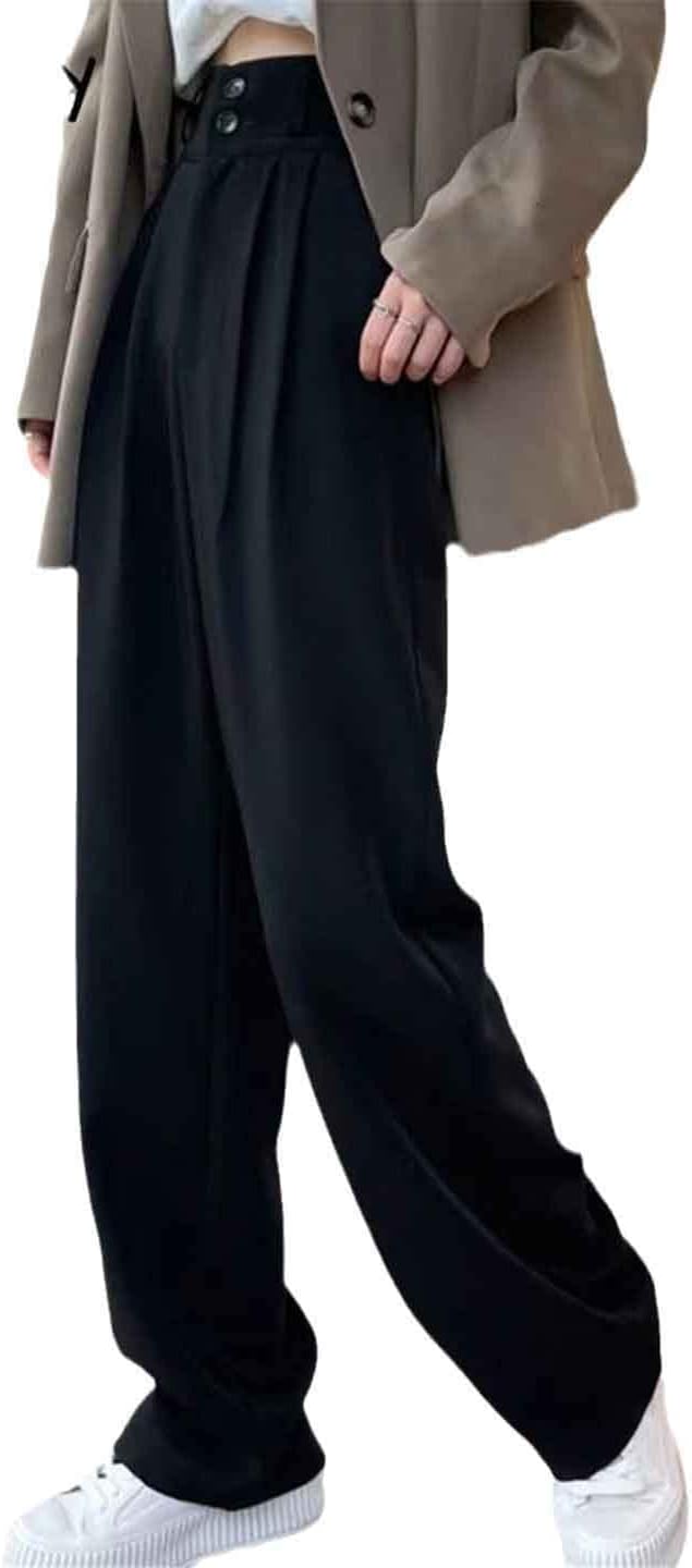 Women Twobuttons Wide Leg Trousers Vintage Streetwear High Fashion Office Work Pants