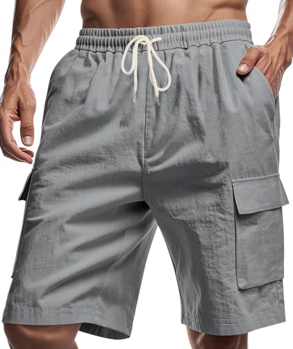 Misfuso Short Cargo Homme en Lin d'Été, Short Bermuda Homme Coupe Ample Léger, Grande Taille Élastique 4 Poches Gris 3XL