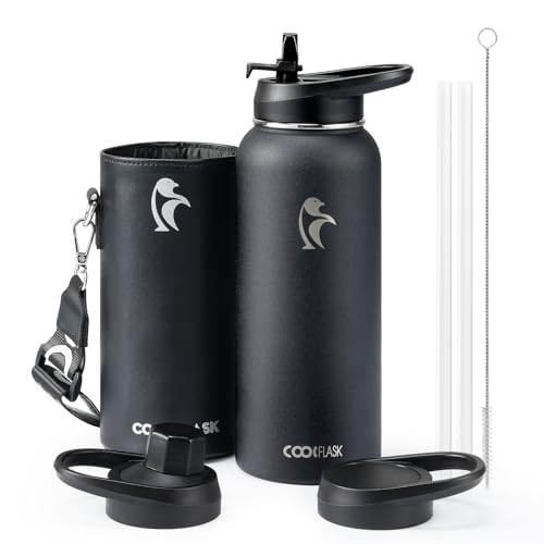 Coolflask 40 oz Water Bottle Insulated with PU Leather Sleeve, Water Bottle Stainless Steel Metal with Straw Lid and Spout Lid, Double Vacuum Keep Cold 48h Hot 24h Water Flask, Polar Black by Coolflask - Used condition - CA$25.22