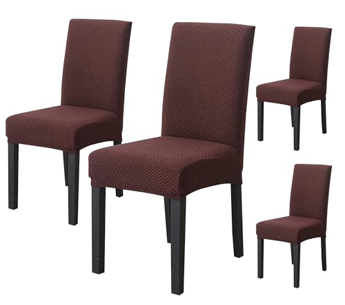 Image of House of Quirk Elastic Jacquard Chair Cover Stretch Removable Washable Short Dining Chair Cover Protector Seat Slipcover (Pack of 4, Dark Brown)
