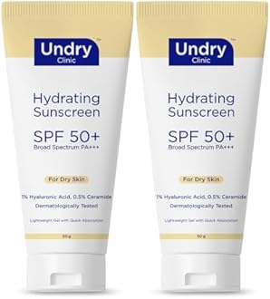Hydrating Sunscreen SPF 50+ PA+++ | Lightweight Gel with 1% Hyaluronic Acid & 0.5% Ceramide | Broad Spectrum Protection for Dry Skin | Dermatologically Tested | Pack of 2 (50g Each)