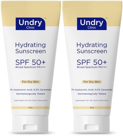 Hydrating Sunscreen SPF 50+ PA+++ | Lightweight Gel with 1% Hyaluronic Acid & 0.5% Ceramide | Broad Spectrum Protection for Dry Skin | Dermatologically Tested | Pack of 2 (50g Each)