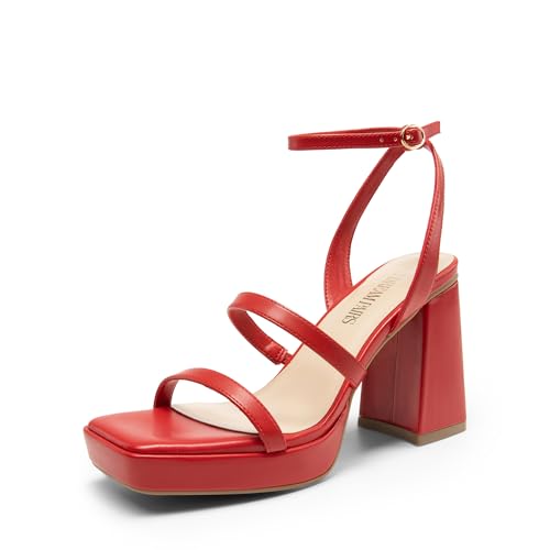 DREAM PAIRS Women's Platform Strappy Heels Open Toe Ankle Strap Square Party Sandals Y2K Dress Shoes 6 Red-pu