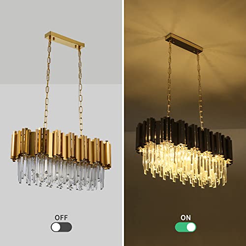 Wabon Modern Crystal Chandelier, Gold Crystal Chandelier Light Fixture, Raindrop Gold Rectangle Chandelier For Living Room Dining Room Kitchen Island, Antique Gold #TOP4