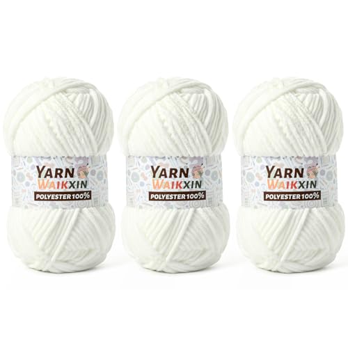 Image of 3 Pack Soft Chenille Yarn for Crocheting, Fluffy Chunky Crochet Yarn for Baby Blanket, (5.29oz /196.8yds) Fuzzy Velvet Yarn for Amigurumi&DIY Puzzle、Crafts、Scarf(3 Snow White)