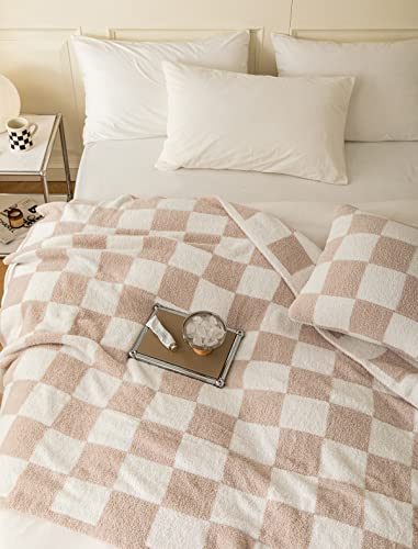 Ultra Soft Cozy Buffalo Checkerboard Grid Fluffy Microfiber Knitted Throw Blanket Lightweight Fleece Checkered Blanket For Sofa Couch Bed Travel Cream 51"X63" #TOP4
