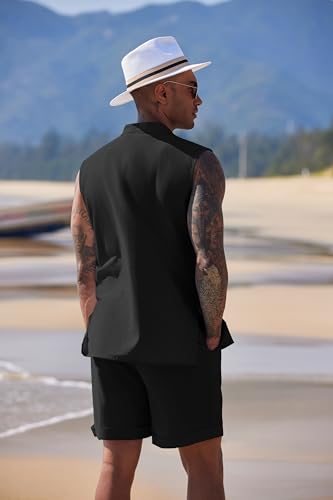 COOFANDY Men's Linen Sets 2 Piece Beach Outfits Lace Up Hippie Tank Tops Summer Casual Sleeveless Shirts Matching Shorts Set4