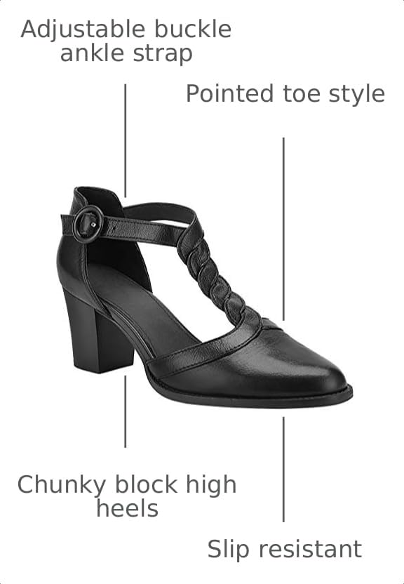 Image of Coutgo Womens Block Chunky Heels T Strap Pointed Toe Work Dress Shoes