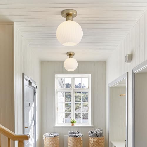 KCO Lighting 1 Ribbed Glass Flush Mount Ceiling Light Set of 2 Small Globe Round Semi Flush Mount Mid Century Modern Entry Hallway Light 2 Pack Gold and White