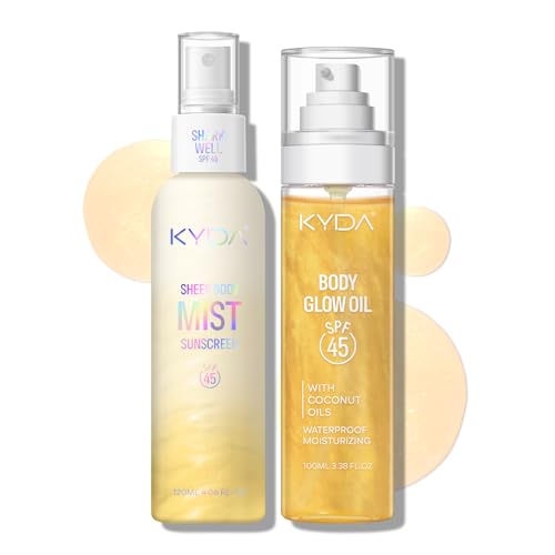 KYDA Glow Sunscreen Kit, Includes SPF 45 Body Glow Oil + Sheer Body Sunscreen Spray, Summer Beach Essentials Gift Set, Water Resistant, Moisturizing, GOLD