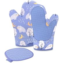 Oven Mitts and Pot Holders Set, Blue Bear 3 Count, Heat Resistant Cotton Oven Mitts Gloves with Non-Slip Silicone Texture for Kitchen Home Barbecue