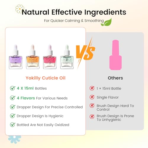 Yokilly Olejek do paznokci Cuticle Oil: 4 sztuki olejku do skórek po 15 ml do pielęgnacji skórek paznokci, naprawy pękniętych i suchych paznokci