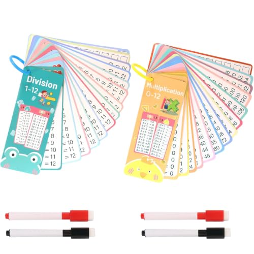 CHAOTEMAI 30 Feuilles Cartes D'apprentissage Multiplication/Division + 4 Stylos Effaçables Réutilisable Petit Carte de Mathématiques table de multiplication pour Enfant pour Maison Salle de Classe (B)