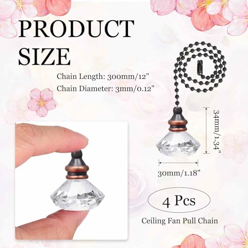 Image of MECCANIXITY 4Pack Ceiling Fan Pull Chain, 12 Inch Decorative Ornaments Diamond Pendant Pull Chain Extension for Ceiling Fans Light Lamp, Clear