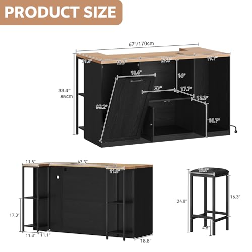 Homiflex Kitchen Island with Storage, 67\" W Large Island Table for Kitchen, Kitchen Carts on Wheels with Power Outlet, Tilt Out Trash Cabinet w/Open Shelves for Mini Fridge, Hidden Casters, Black