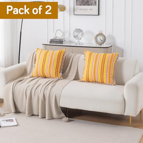 Image of HOKIPO 'Artisan Boho Series' Sofa Cushion Covers | 450 GSM Cotton Acrylic Jacquard | Tassel Design | 22x22 Inch (55x55 cm) | Pack of 2, Mustard Yellow (IN-906-A1*2)