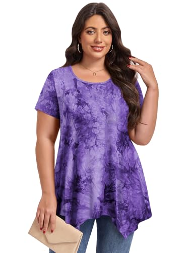LARACE Tie Dye Shirt Womens Summer Tops Plus Size Short Sleeve Tunic for Leggings Casual Handkercheif T-shirts(B-Purple 1X)