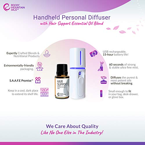 Rocky Mountain Oils Handheld Personal Essential Oil Diffuser & Hair Support Essential Oil Blend With 100% Pure And Natural Essential Oils - Aromatherapy Oils - Hair Growth & Home - 15Ml #TOP1