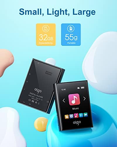 aigo 32GB MP3 Player with Bluetooth 5.0, Portable HiFi Lossless Sound Quality MP3 Music Player with Speaker, 1.8-inch Full Touchscreen Digital Audio Player with FM Radio, Supports up to 128GB