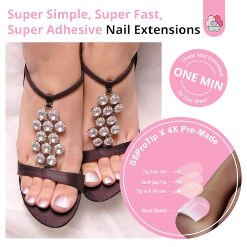SAVILAND Gel Nail X Kit for Toes: 216 Pcs Toenail Press Ons White Pink Ombre Fake Toe Nails Long Lasting Solid Nail Glue Gel Nail Dryer Acrylic Nail Drill for Quick Nail Extension Starter Home DIY