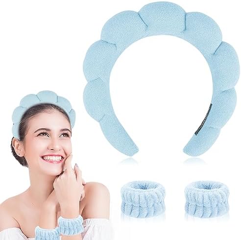 Spa Makeup Headband for Washing Face, Sponge Skincare Face Wash headbands for Women Girls - Bubble Soft Terry Towel Cloth Hair Band for Skincare Makeup Removal, Puffy Non Slip Thick Headwear(Blue)