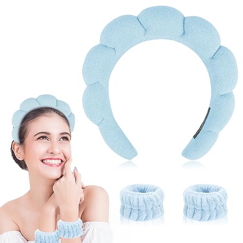 Spa Makeup Headband with Sponge, Terry Cloth, Non-Slip, Blue