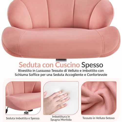 Sedia Ufficio Scrivania Cameretta Senza Braccioli Ergonomica con Ruote Girevole Altezza Regolabile Schienale Design Conchiglia Imbottito Portata 136 KG Rosa/Velluto - Sedia gaming - Immagine 6