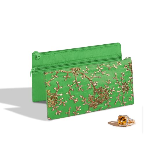 Image of Kuber Industries 2 Pcs Polyester Hand Purse for Woman with Zip | Lightweight & Compact Ladies Purse /Wallet for Travelling, Party, Wedding & Events | Embroidery Design - Green