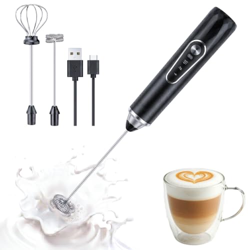 Rechargeable Handheld Milk Frother, 3-Speed & 2 Detachable Whisks,10000RPM | Electric Coffee Frother Wand for Lattes, Cappuccino, Matcha, Hot Chocolate, Protein Drinks, Kitchen Gifts
