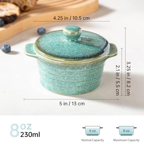 Creme Brulee Ramekins 8 oz with Lids, Oven Safe Bowls for French Onion Soup - Souffle Dish, Mini Covered Casserole Dish, Pot Pie Baking Dishes Set of 4, Reactive Green by HENXFEN LEAD - Used condition - Image 2