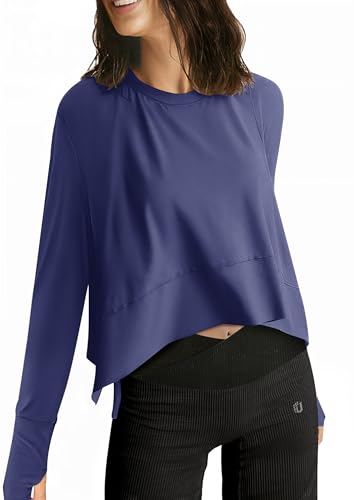 UEU Women's Crop Tops for Yoga Workout Athletic, Ice Cool Feeling Long Sleeves Shirts, Flowy Split Side Slit Oversized, Navy XXL