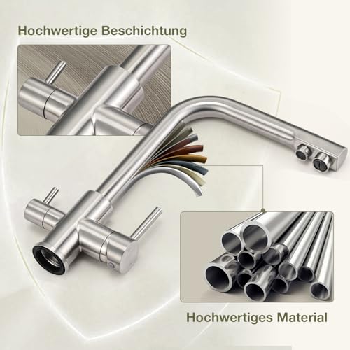 3 Wege Wasserhahn Küche Küchenarmatur 360° schwenkbar 3 in 1 Mischbatterie Küche für Wasserfilter, Trinkwasserhahn mit 2 Hebel, Drei Wege Armatur, Spültischarmatur aus Edelstahl Gebürstet
