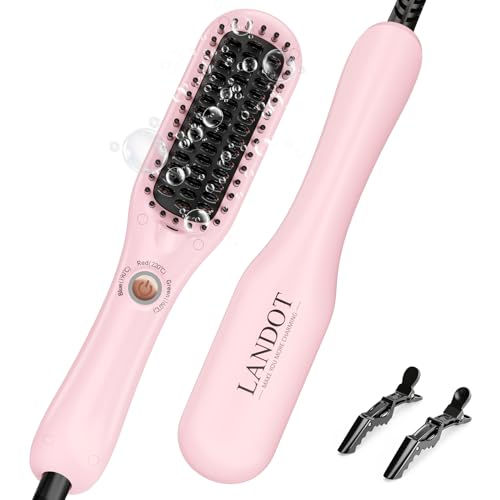 LANDOT Mini Wired Straightening Brush - Straightening Brush for Short to Medium Hair, Ionic Ceramic Short Hair Heated Brush, 3 Temperature 160°C-220°C - Anti-Frizz (Pink)