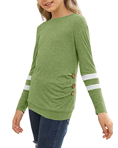 Remikstyt Girls Tunic Tops Long Sleeve Striped Crewneck Casual Button Down Shirts Green #TOP4