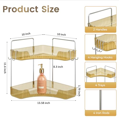 Image of Golden Corner Counter Organizer, 2 - Tier Bathroom & Kitchen Storage Tray with Hooks | PET Vanity Organizer for Skincare, Makeup & Jewelry