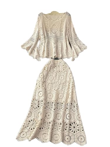 Women Bohemian Vacation Knitted Two Pieces Sets Hollow Out Full Sleevess Top and High Waist Skirt Suits