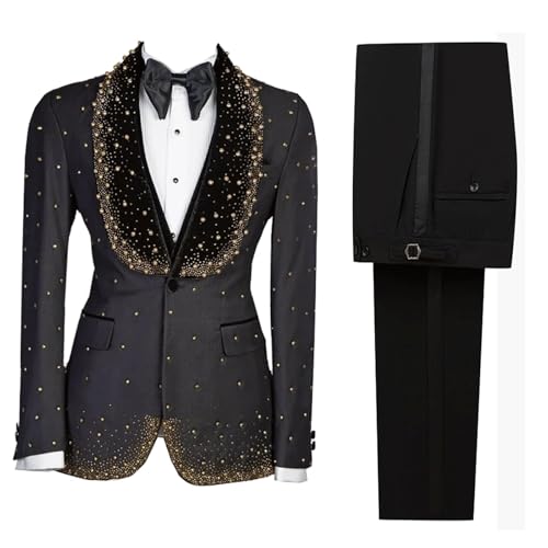 Mens 3 Piece Suit Slim Fit Tuxedo Jacket Blazer Pants with Shiny Rhinestone Decoration for Prom,Party,Wedding