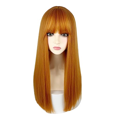 URCGTSA 23 Inches long Hair Wig for Women Black Synthetic Hair Natural Long Straight Wig With Bangs Party Cosplay Wig for Girl (Orange)