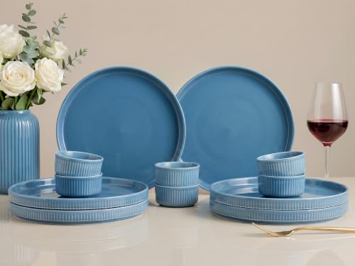 Image of Bodhi House 12-Piece Ribbed Porcelain Dinner Set for 6, 6 Dinner Plates & 6 Katori, Chip Resistant, Lightweight, Microwave & Dishwasher Safe Crockery Set for Home, Dining & Gifting, True Blue