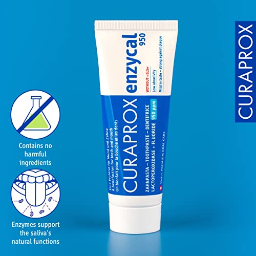 Curaprox Enzycal 950 Zahnpasta - Milde Fluoridzahnpasta mit Enzymen für die sanfte tägliche Mundpflege/Wenig abrasiv, frischer Geschmack, SLS-frei, 75ml / Hergestellt in der Schweiz