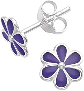 Heather Needham Silver Sterling Silver Daisy Earrings Studs Purple Enamel- SIZE: 7mm - MUCH SMALLER THAN SHOWN.Gift Boxed 5578PP