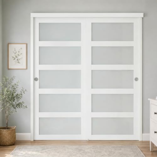 Sliding Closet Door 72x80in (Double 37in), 5-Lite Frosted Glass White by COSHOMER - Used condition - Image 2