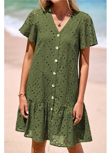 Image of KIRUNDO Eyelet Dresses for Women Button Down Mini Babydoll | 2026 Summer Short Sleeve Boho Sundress, Loose Fit V Neck Short Dress With Pockets, A Line, Cruise Beach Vacation Outfits