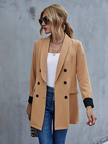 Shein Women's Lapel Collar Button Front Blazer Long Sleeve Double Breasted Jacket Tops Khaki Medium #TOP3