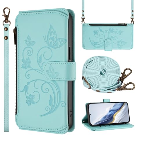 SLLMYYX Funda tipo cartera para Samsung Galaxy Note 20, piel sintética, con 5 ranuras para tarjetas, bolsillo con cremallera, correa para la muñeca, correa para el hombro, color verde menta