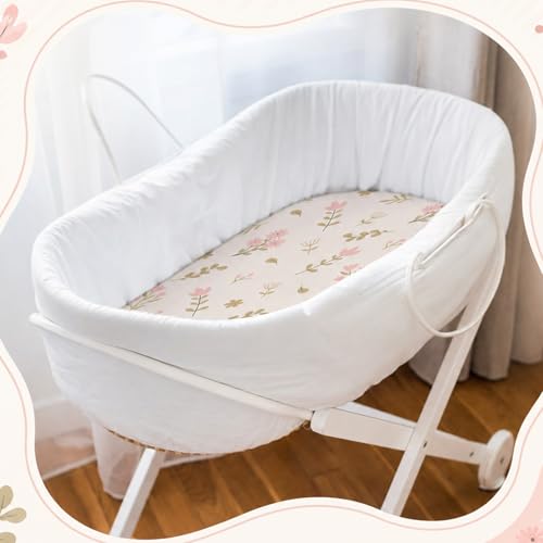 Image of CroBlissful 4 Pack Boho Floral Bassinet Sheets 32 x 16 x 4 Inches Hunting Stretchy Neutral Fitted Sheets Boho Floral Baby Bedding for Standard Bassinet Mattress Gift Set