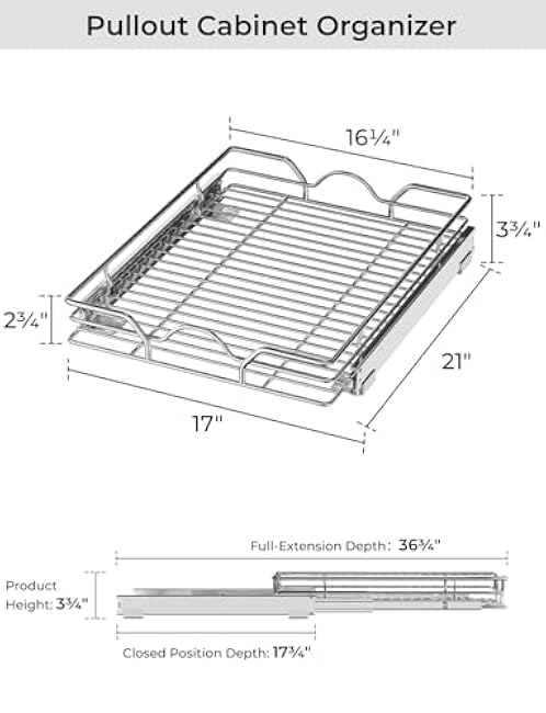 StorageWorks Pull Out Cabinet Organizer, Slide Drawers for Kitchen Cabinets, Bathroom Pantry, Bottom Mount, Chrome-Plated, 17 Lx21 Wx3.7 H, Silver, 1 Pack