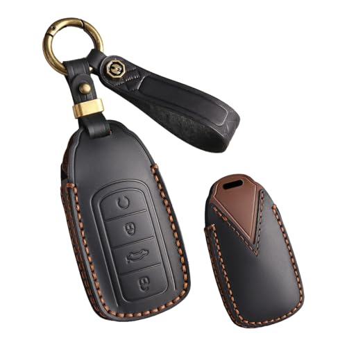 Ysbxitu 4 Buttons Hand-Stitched Leather Key Fob Cover Compatible with Chery Tiggo 7 8 9 ,7 8 Pro,PRO MAX Omoda 3/5/C5 Jaecoo 7 Eastar Cross 6 Car Key Case Protector Keychain Accessories Black