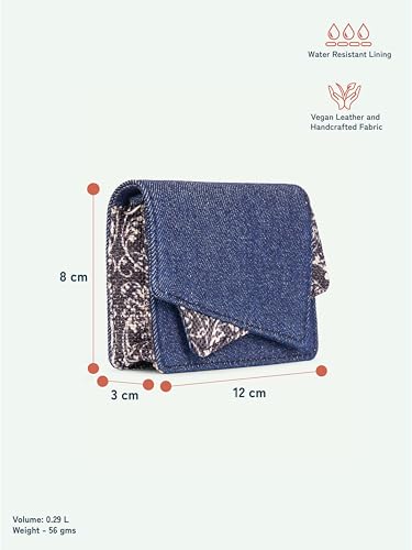 Image of ZOUK Tovi Mini Bag Wallet | Stylish Vegan Denim Crossbody Wallet for Women with Card Slots & Water-Resistant Lining | Handcrafted Small Sling Bag with Silver Chain Strap | Lattice Lace